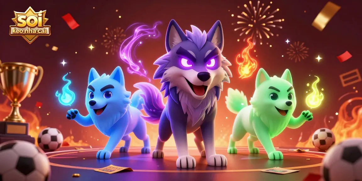 Soi keo nha cai featuring a dynamic scene with a wolf pack leader, sports elements, and vibrant colors.