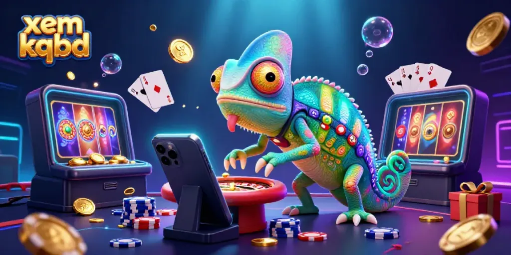Engage in thrilling action as you xem kqbd with a vibrant chameleon casino owner and gaming elements surrounding!
