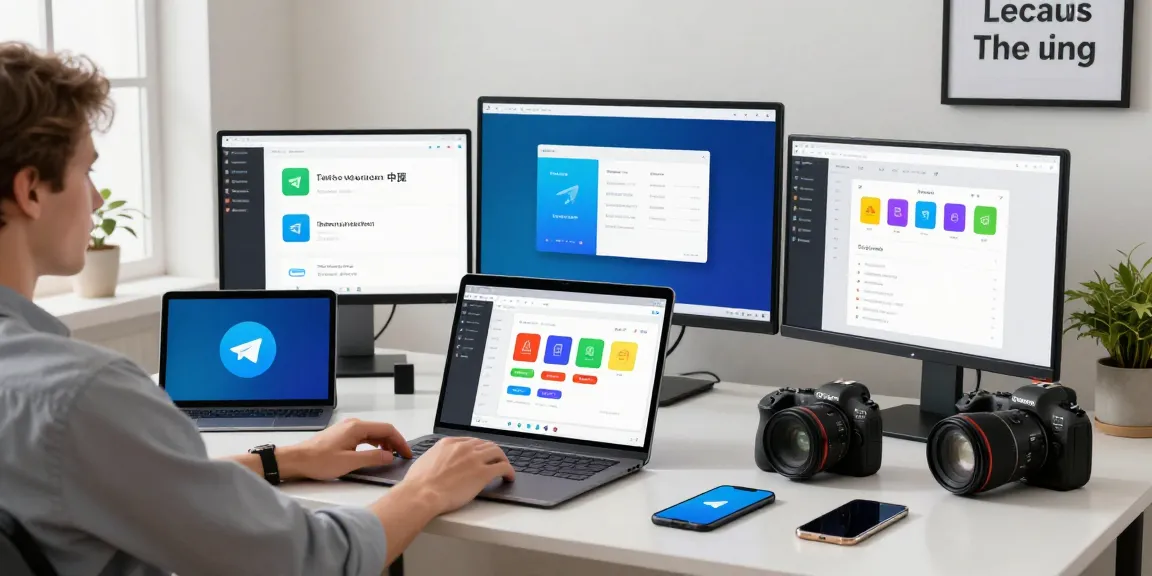 Setting up Telegram Chinese Version in a modern tech workspace with devices.