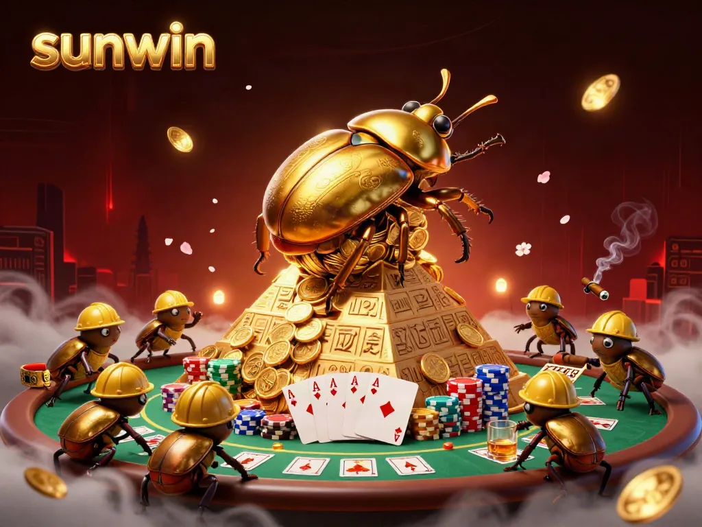 Engage in thrilling gameplay at sunwin with our vivid casino scene featuring golden beetles and poker elements.