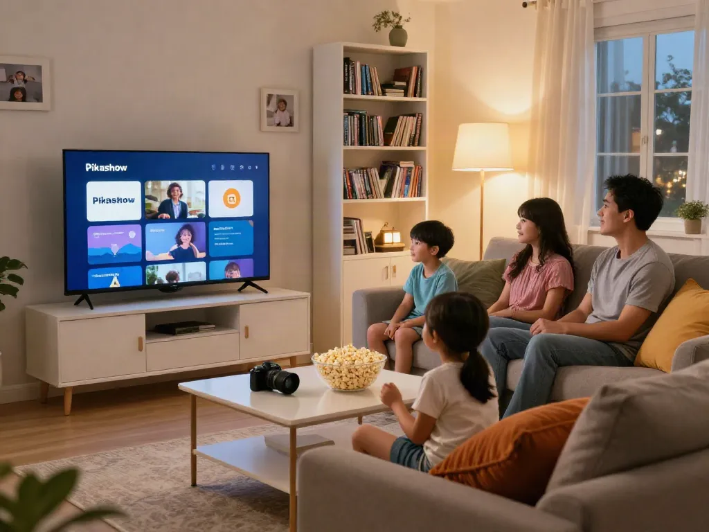 Family enjoying movie night using pickashowapp.com on smart TV in a cozy living room.