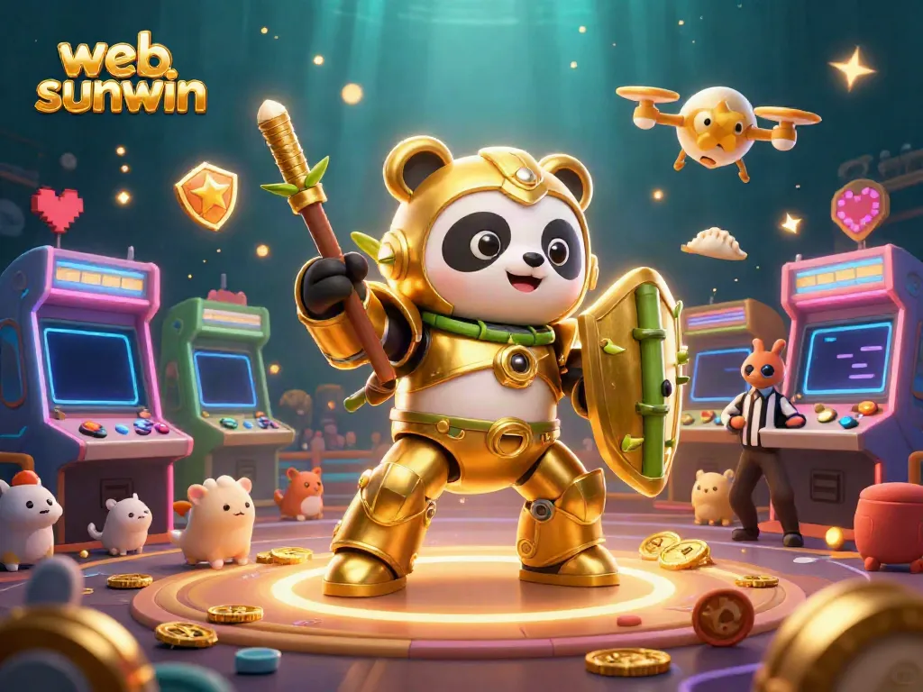 Engage with web sunwin in a dynamic casino scene showcasing a mech-suit panda battling in the arcade.