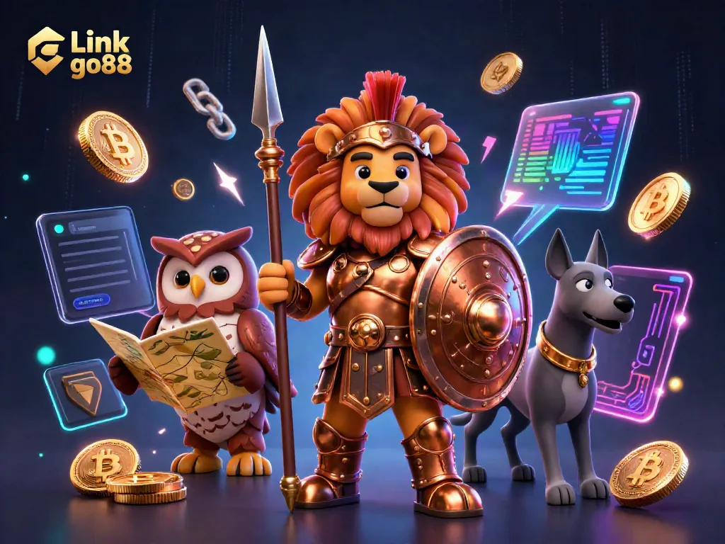 Experience thrilling gambling action with Link go88, featuring a Spartan lion and strategic owl in a vibrant online casino scene.