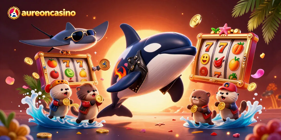 Aureoncasino showcases a vibrant underwater casino scene with an orca, stingray, and sea otters amidst slots and coins.