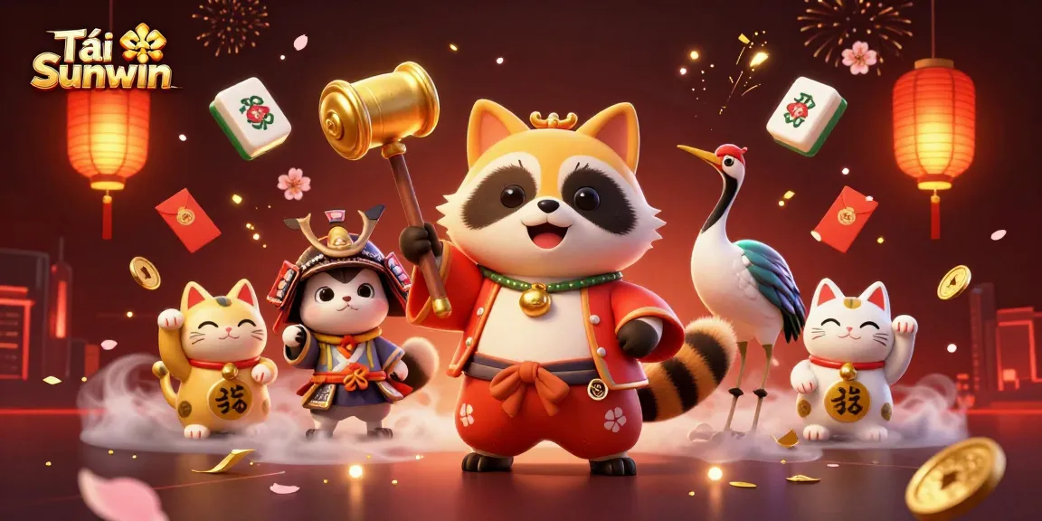 Experience Tải Sunwin with a joyful raccoon and lucky cat characters in a vibrant casino scene of fortune and excitement.